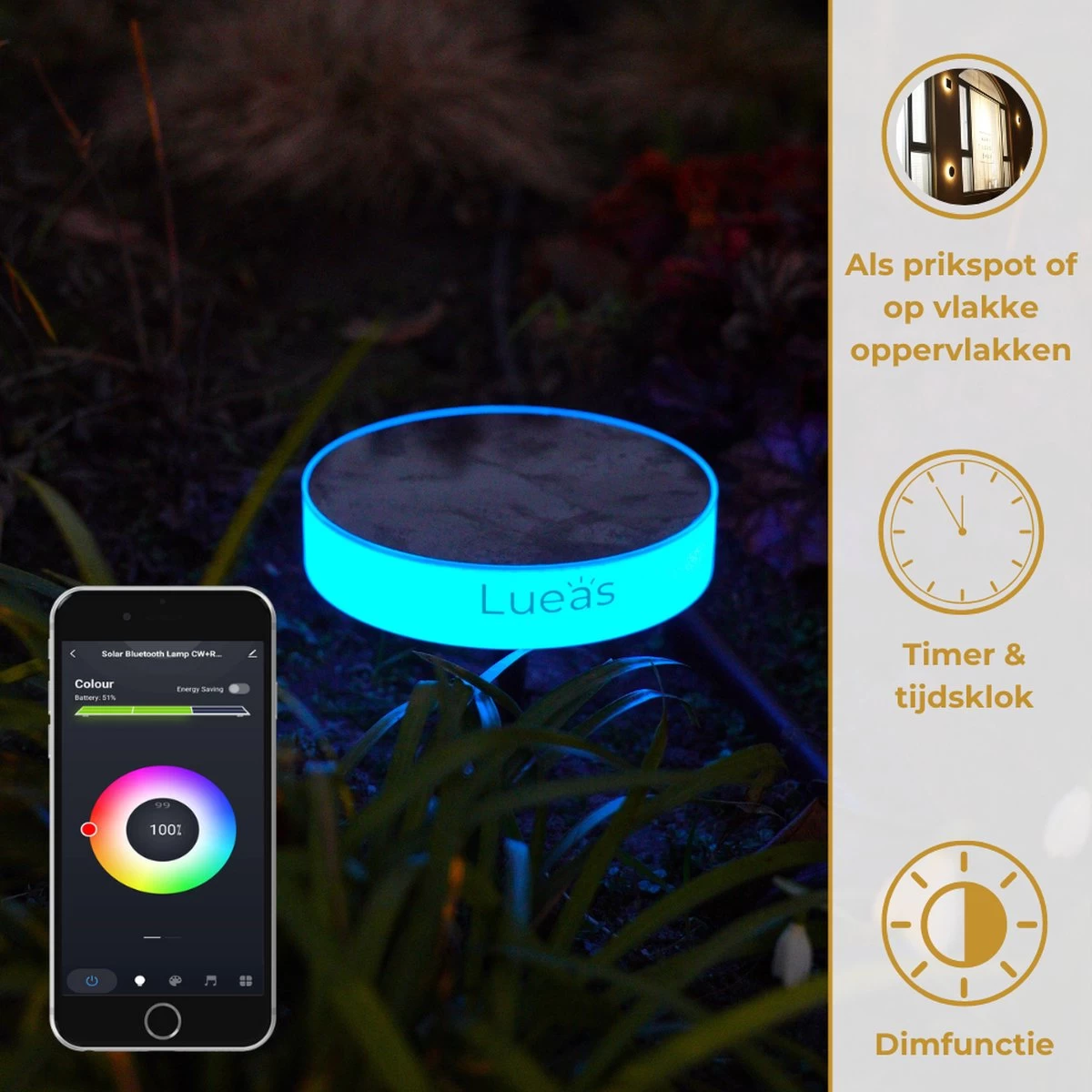 Lueas® - Solar Grondspot Telefoonbestuurbaar- Met App - Zonne-energie - Muurlamp - Lichtsensor - Bluetooth 5 Lueas® - Solar Grondspot Telefoonbestuurbaar- Met App - Zonne-energie - Muurlamp - Lichtsensor - Bluetooth - Afbeelding 3
