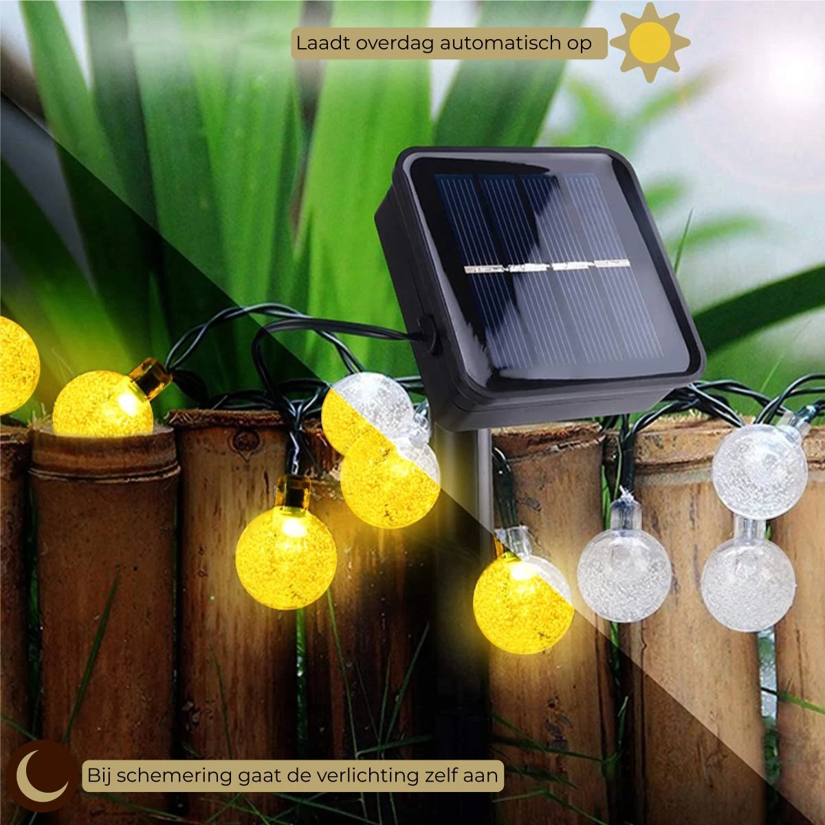 Homèlle Solar Lichtsnoer - 30 LED - 4 + 2 Meter - Warm-wit - ø2cm - Tuinverlichting Op Zonne-energie - Kerstverlichting - Buitenverlichting - Lichtslinger - Lampjes Slinger - Cristal 5 Homèlle Solar Lichtsnoer - 30 LED - 4 + 2 Meter - Warm-wit - ø2cm - Tuinverlichting Op Zonne-energie - Kerstverlichting - Buitenverlichting - Lichtslinger - Lampjes Slinger - Cristal - Afbeelding 3