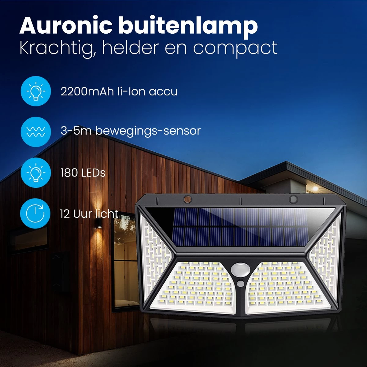 Auronic Buitenlamp - Zonne-energie - Bewegingssensor - 180 LED's - Wandlamp - IP65 - Zwart 4 Auronic Buitenlamp - Zonne-energie - Bewegingssensor - 180 LED's - Wandlamp - IP65 - Zwart - Afbeelding 2