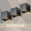 LED Wandlamp Dimbaar Set Van 3 - Zwart - 2x3 Watt - 3000k Warm Wit - 10x10x10cm - Geschikt Voor Binnen En Buiten - Kubus Lamp - Industrieel
