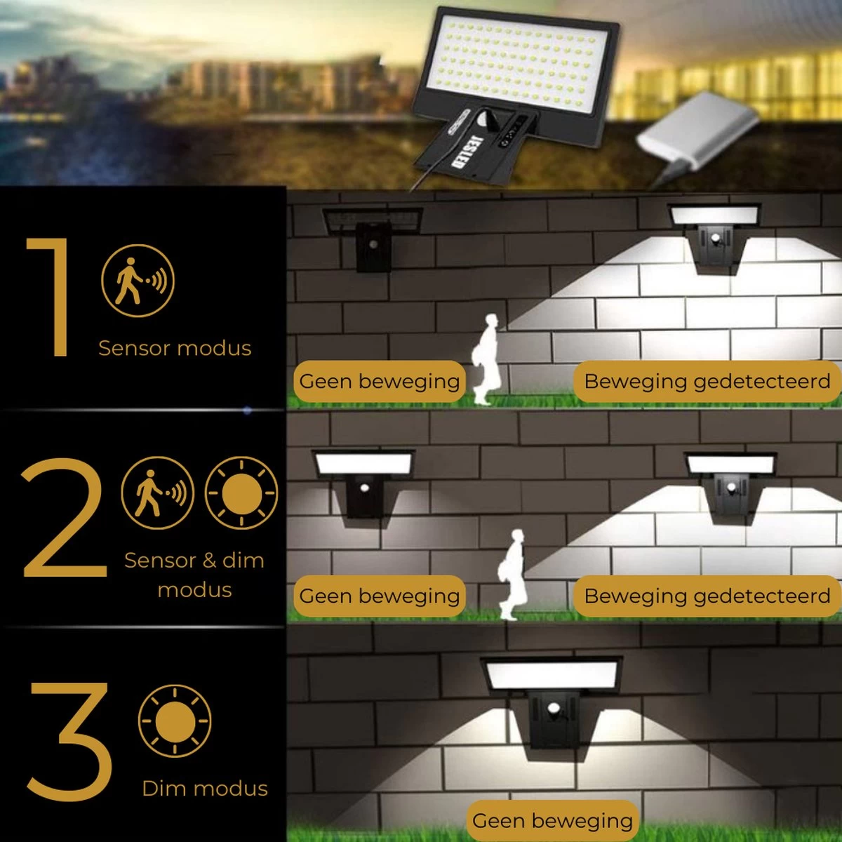 Lueas®- Draadloze LED Muurlamp Met Bewegingssensor – Met Afstandsbediening – Op Zonne-energie - Warm & Wit Licht 7 Lueas®- Draadloze LED Muurlamp Met Bewegingssensor – Met Afstandsbediening – Op Zonne-energie - Warm & Wit Licht - Afbeelding 5