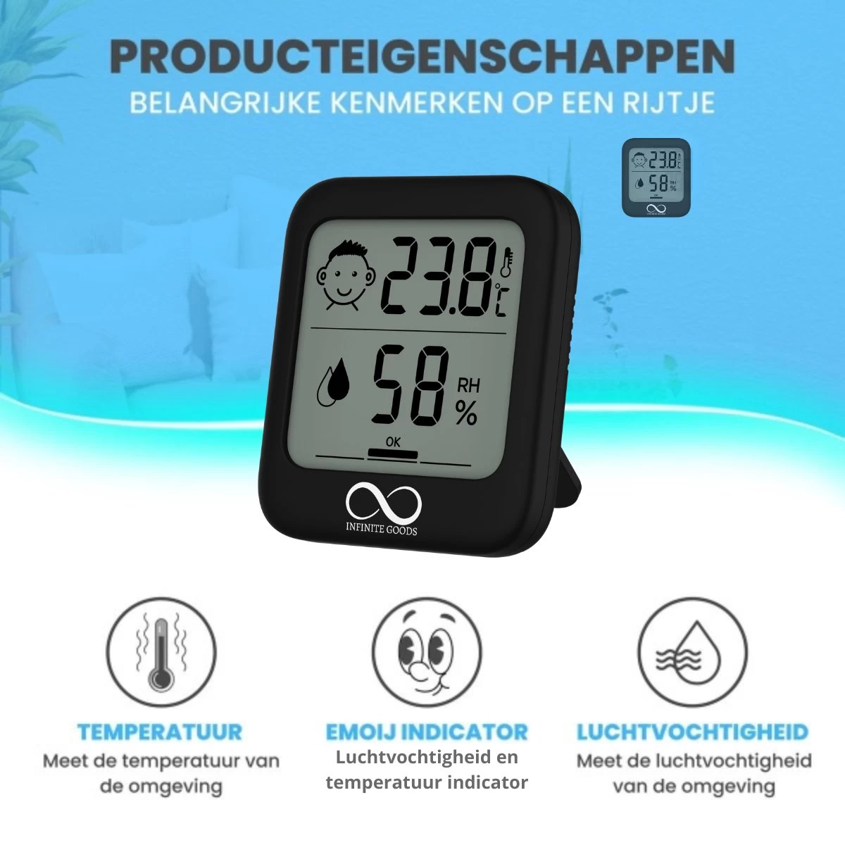 Infinite Goods Hygrometer - Digitale Weerstation - Luchtvochtigheidsmeter - Thermometer Voor Binnen - Vochtmeter - Magneten/Ophangoog - Incl. Batterij 4 Infinite Goods Hygrometer - Digitale Weerstation - Luchtvochtigheidsmeter - Thermometer Voor Binnen - Vochtmeter - Magneten/Ophangoog - Incl. Batterij - Afbeelding 2