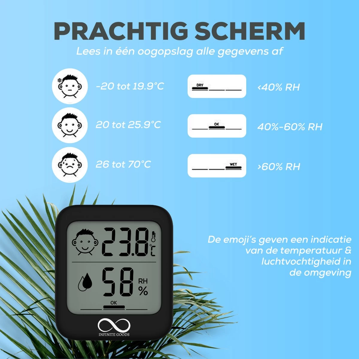 Infinite Goods Hygrometer - Digitale Weerstation - Luchtvochtigheidsmeter - Thermometer Voor Binnen - Vochtmeter - Magneten/Ophangoog - Incl. Batterij 5 Infinite Goods Hygrometer - Digitale Weerstation - Luchtvochtigheidsmeter - Thermometer Voor Binnen - Vochtmeter - Magneten/Ophangoog - Incl. Batterij - Afbeelding 3