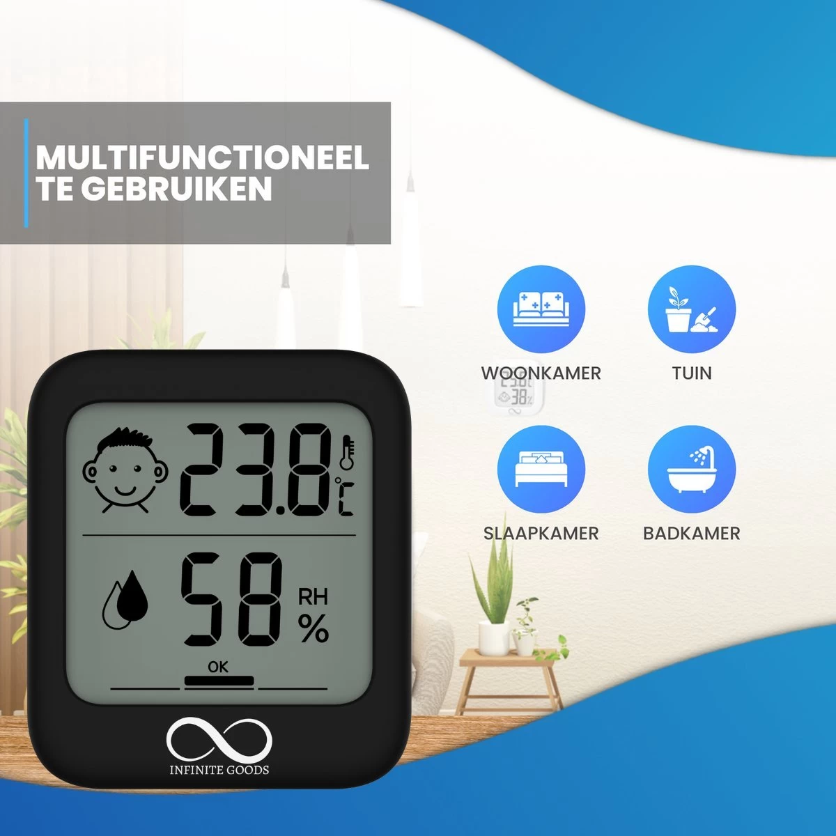 Infinite Goods Hygrometer - Digitale Weerstation - Luchtvochtigheidsmeter - Thermometer Voor Binnen - Vochtmeter - Magneten/Ophangoog - Incl. Batterij 9 Infinite Goods Hygrometer - Digitale Weerstation - Luchtvochtigheidsmeter - Thermometer Voor Binnen - Vochtmeter - Magneten/Ophangoog - Incl. Batterij - Afbeelding 7