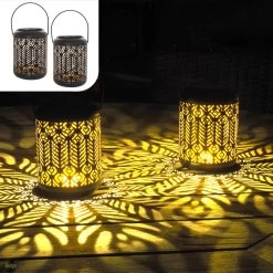 Gadgy Solar Lantaarn Pauw - Tafellamp Set Van 2 - Solar Tuinverlichting Op Zonneenergie - Led Buitenverlichting Met Dag/nacht Sensor - Hanglamp - Tuinlantaarn - 27 X Ø 12.5 Cm - Zwart/Goud - Metaal