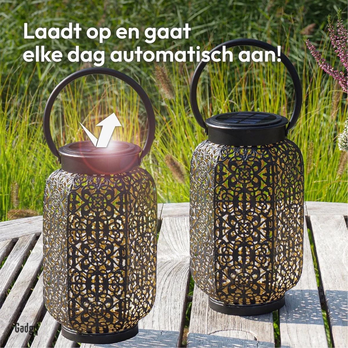 Gadgy Solar Oosterse Lantaarn - Tafellamp Set Van 2 - Solar Tuinverlichting Op Zonneenergie - Led Buitenverlichting Met Dag/Nacht Sensor - Hanglamp - Tuinlantaarn - 22xØ14CM - Metaal - Zwart 4 Gadgy Solar Oosterse Lantaarn - Tafellamp Set Van 2 - Solar Tuinverlichting Op Zonneenergie - Led Buitenverlichting Met Dag/Nacht Sensor - Hanglamp - Tuinlantaarn - 22xØ14CM - Metaal - Zwart - Afbeelding 2
