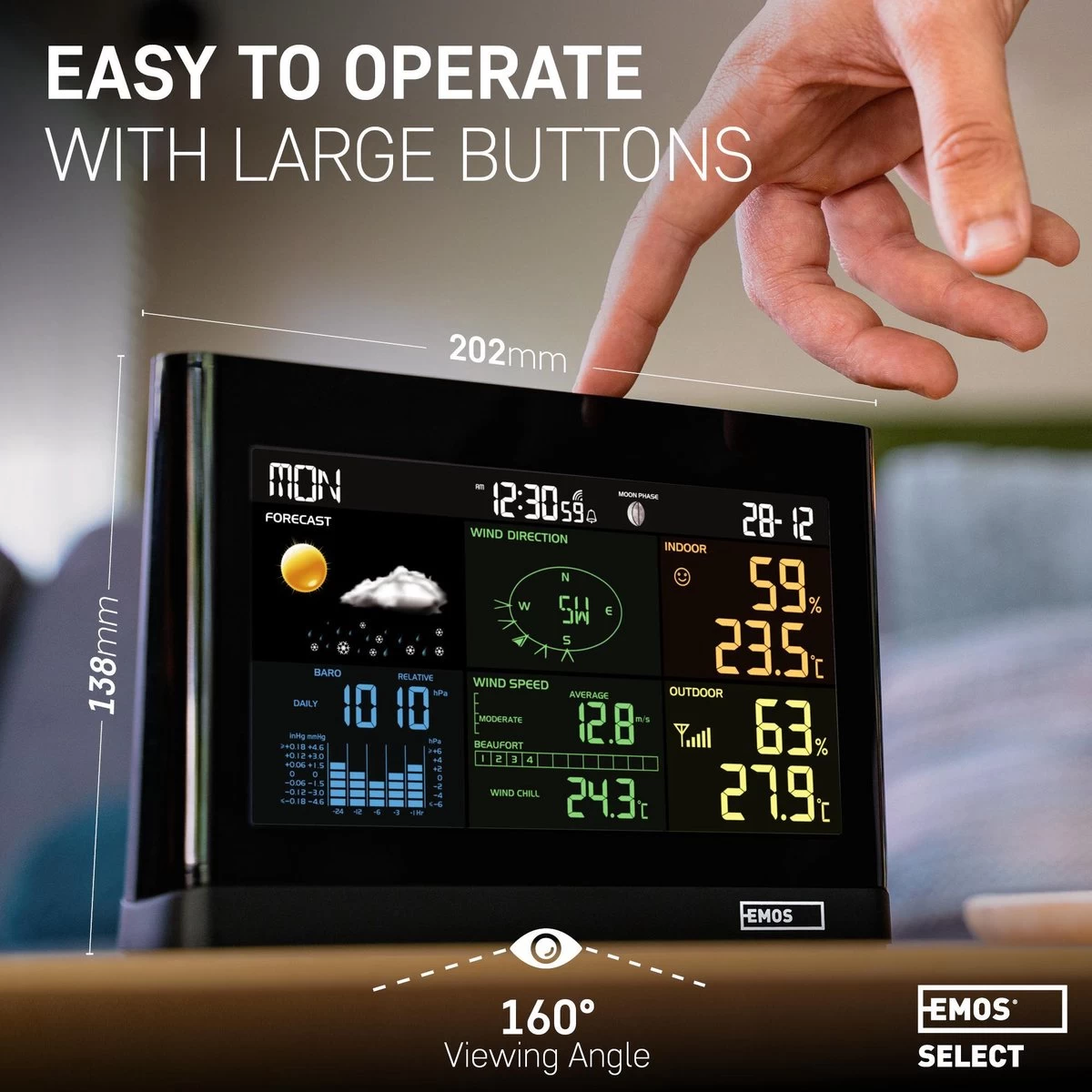 EMOS Weerstation Met Wind En Regenmeter, Draadloos Binnen- En Buitenweersysteem Met Kleurendisplay, Bewaakt Temperatuur, Luchtdruk, Luchtvochtigheid, Comfort & Hitte-index, 12-24 Uursvoorspelling 10 EMOS Weerstation Met Wind En Regenmeter, Draadloos Binnen- En Buitenweersysteem Met Kleurendisplay, Bewaakt Temperatuur, Luchtdruk, Luchtvochtigheid, Comfort & Hitte-index, 12-24 Uursvoorspelling - Afbeelding 8