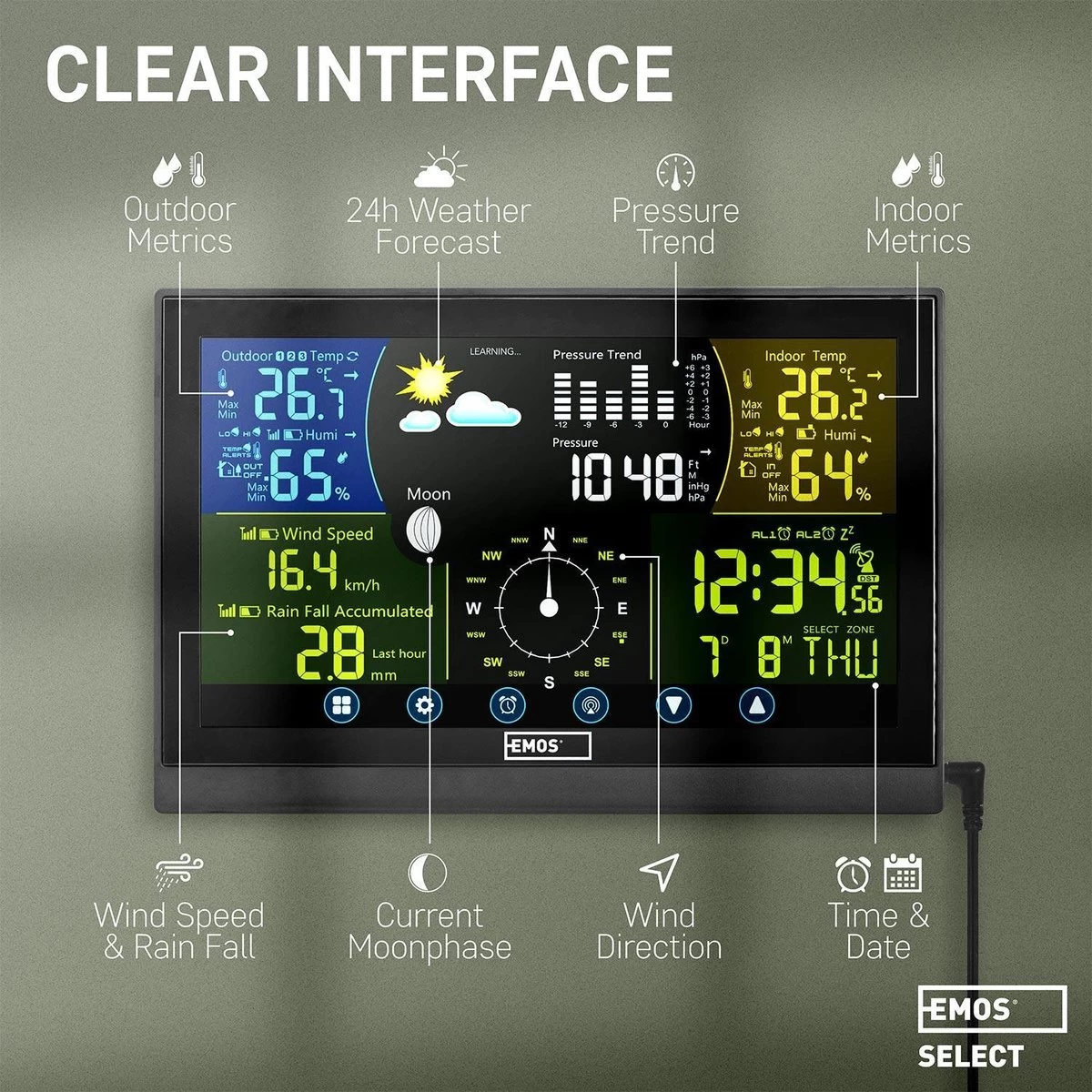 Emos Select Professioneel Weerstation Met Buitensensor, Incl. Touchscreen Kleurendisplay, DCF-ontvangstsignaal Klok - Binnen- En Buitentemperatuur, Weersvoorspelling, Met Draadloze Regenmeter En Windmeter 4 Emos Select Professioneel Weerstation Met Buitensensor, Incl. Touchscreen Kleurendisplay, DCF-ontvangstsignaal Klok - Binnen- En Buitentemperatuur, Weersvoorspelling, Met Draadloze Regenmeter En Windmeter - Afbeelding 2