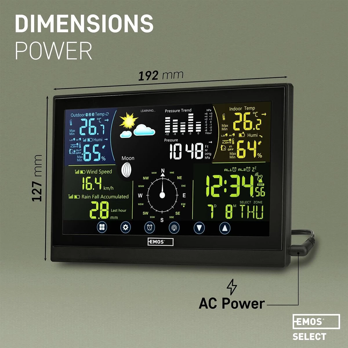 Emos Select Professioneel Weerstation Met Buitensensor, Incl. Touchscreen Kleurendisplay, DCF-ontvangstsignaal Klok - Binnen- En Buitentemperatuur, Weersvoorspelling, Met Draadloze Regenmeter En Windmeter 9 Emos Select Professioneel Weerstation Met Buitensensor, Incl. Touchscreen Kleurendisplay, DCF-ontvangstsignaal Klok - Binnen- En Buitentemperatuur, Weersvoorspelling, Met Draadloze Regenmeter En Windmeter - Afbeelding 7