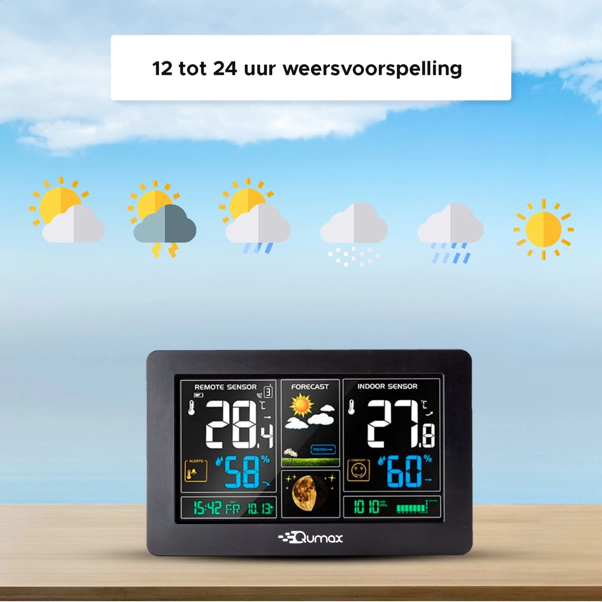Qumax Weerstation Binnen En Buiten - Draadloos Weerstation Met Buitensensor Tot 60 Meter Bereik - Waterdicht 4 Qumax Weerstation Binnen En Buiten - Draadloos Weerstation Met Buitensensor Tot 60 Meter Bereik - Waterdicht - Afbeelding 2