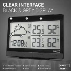 EMOS Weerstation, Draadloos Weerstation Op Batterijen, Binnen- En Buitenweersysteem Met Grijsdisplay, Tijd & Datum, Temperatuur, Luchtvochtigheid, Comfort, Wekker En Alarmfunctie, 12-24 Uursvoorspelling, Weerstation Met Buitensensor -Philips Hue Winkel 1200x1200 3259