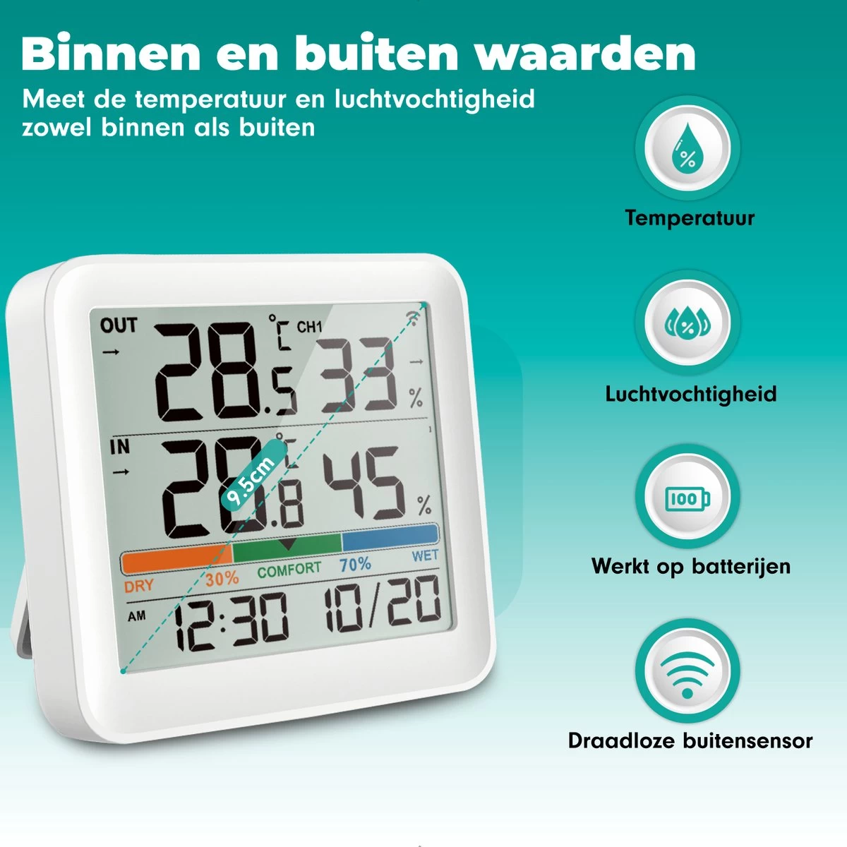 Iqonic Hygrometer - Luchtvochtigheidsmeter - Weerstation Binnen En Buiten - Draadloos Met Buitensensor - Wit 4 Iqonic Hygrometer - Luchtvochtigheidsmeter - Weerstation Binnen En Buiten - Draadloos Met Buitensensor - Wit - Afbeelding 2