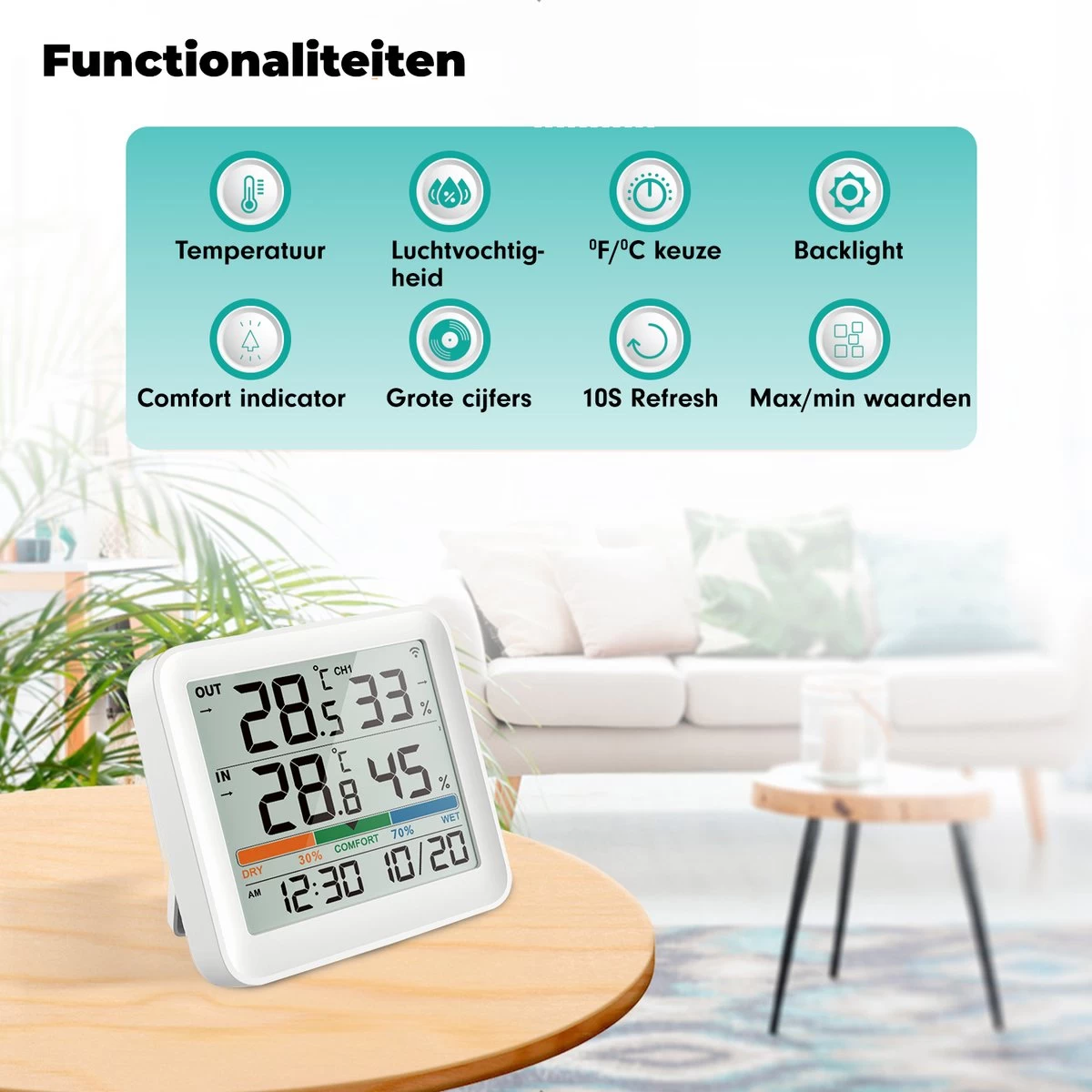Iqonic Hygrometer - Luchtvochtigheidsmeter - Weerstation Binnen En Buiten - Draadloos Met Buitensensor - Wit 8 Iqonic Hygrometer - Luchtvochtigheidsmeter - Weerstation Binnen En Buiten - Draadloos Met Buitensensor - Wit - Afbeelding 6