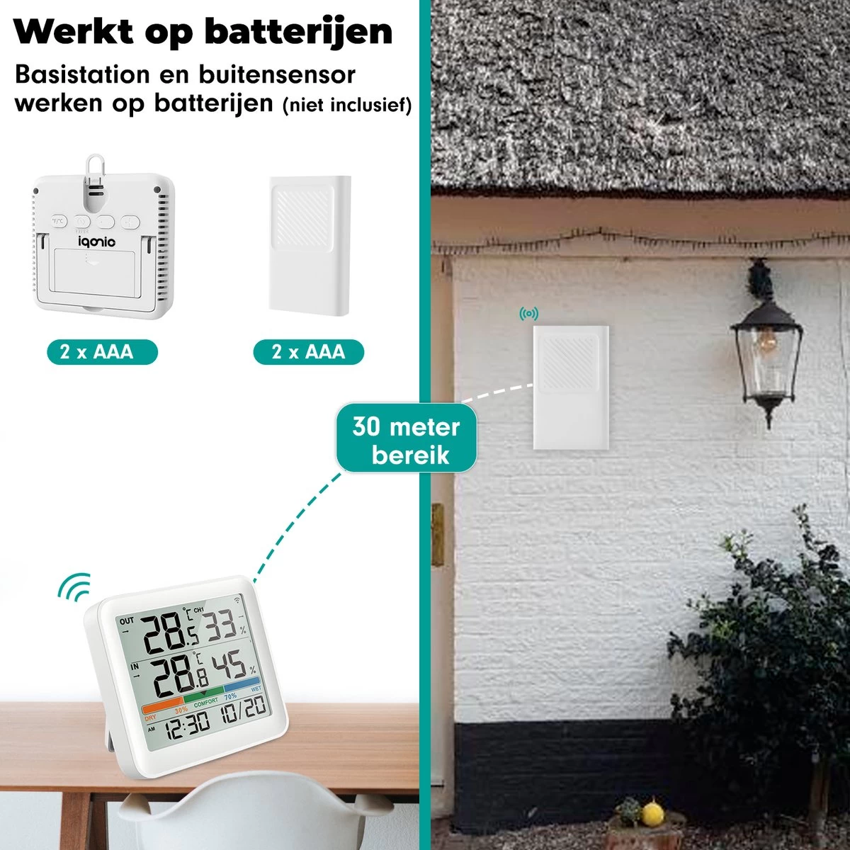 Iqonic Hygrometer - Luchtvochtigheidsmeter - Weerstation Binnen En Buiten - Draadloos Met Buitensensor - Wit 10 Iqonic Hygrometer - Luchtvochtigheidsmeter - Weerstation Binnen En Buiten - Draadloos Met Buitensensor - Wit - Afbeelding 8