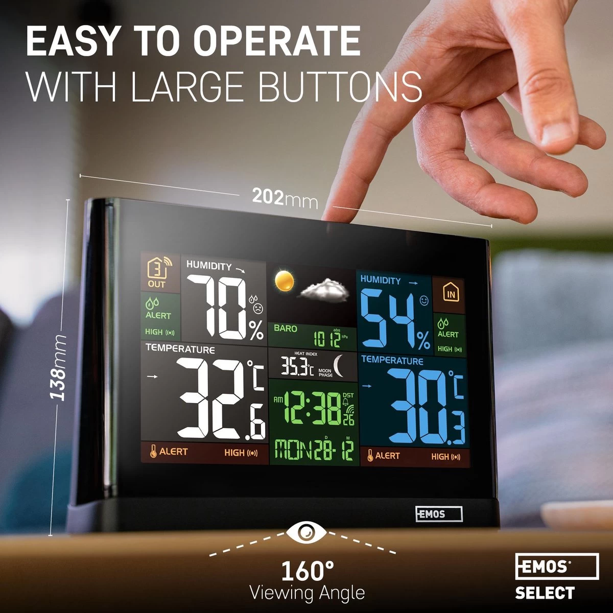 EMOS Weerstation, Draadloos Binnen- En Buitenweersysteem Met Kleurendisplay, Bewaakt Tijd & Datum, Temperatuur, Luchtvochtigheid, Luchtdruk, Comfort & Hitte-index, 12-24 Uursvoorspelling 6 EMOS Weerstation, Draadloos Binnen- En Buitenweersysteem Met Kleurendisplay, Bewaakt Tijd & Datum, Temperatuur, Luchtvochtigheid, Luchtdruk, Comfort & Hitte-index, 12-24 Uursvoorspelling - Afbeelding 4