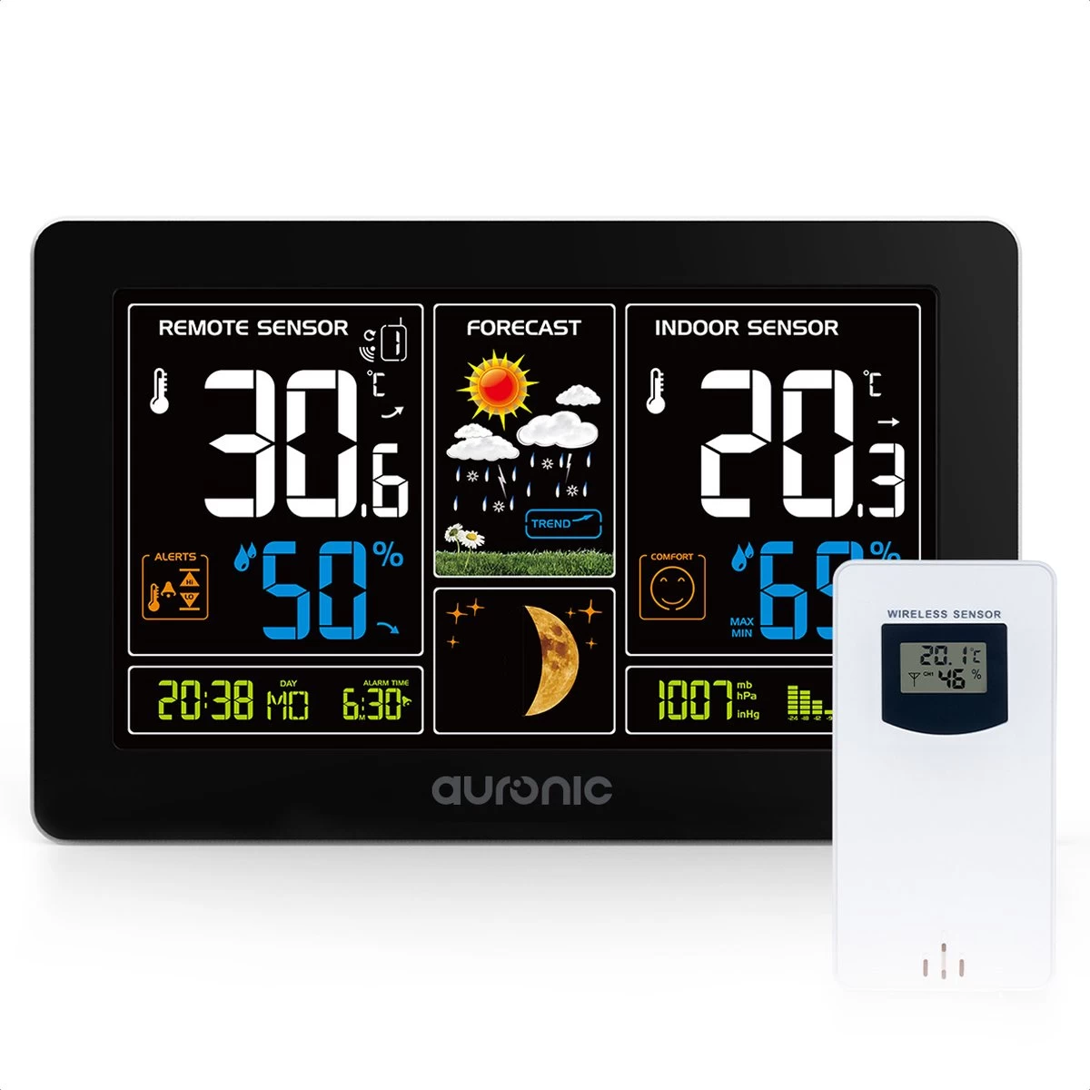 Auronic Weerstation - Draadloos - Binnen En Buiten - Met Sensor - 60M Bereik - Zwart 3 Auronic Weerstation - Draadloos - Binnen En Buiten - Met Sensor - 60M Bereik - Zwart