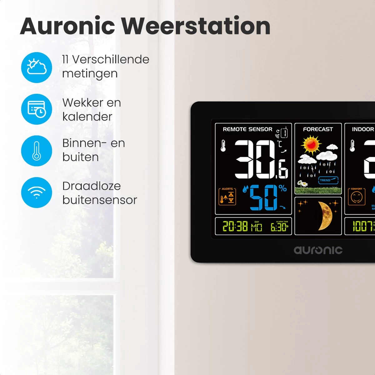 Auronic Weerstation - Draadloos - Binnen En Buiten - Met Sensor - 60M Bereik - Zwart 4 Auronic Weerstation - Draadloos - Binnen En Buiten - Met Sensor - 60M Bereik - Zwart - Afbeelding 2