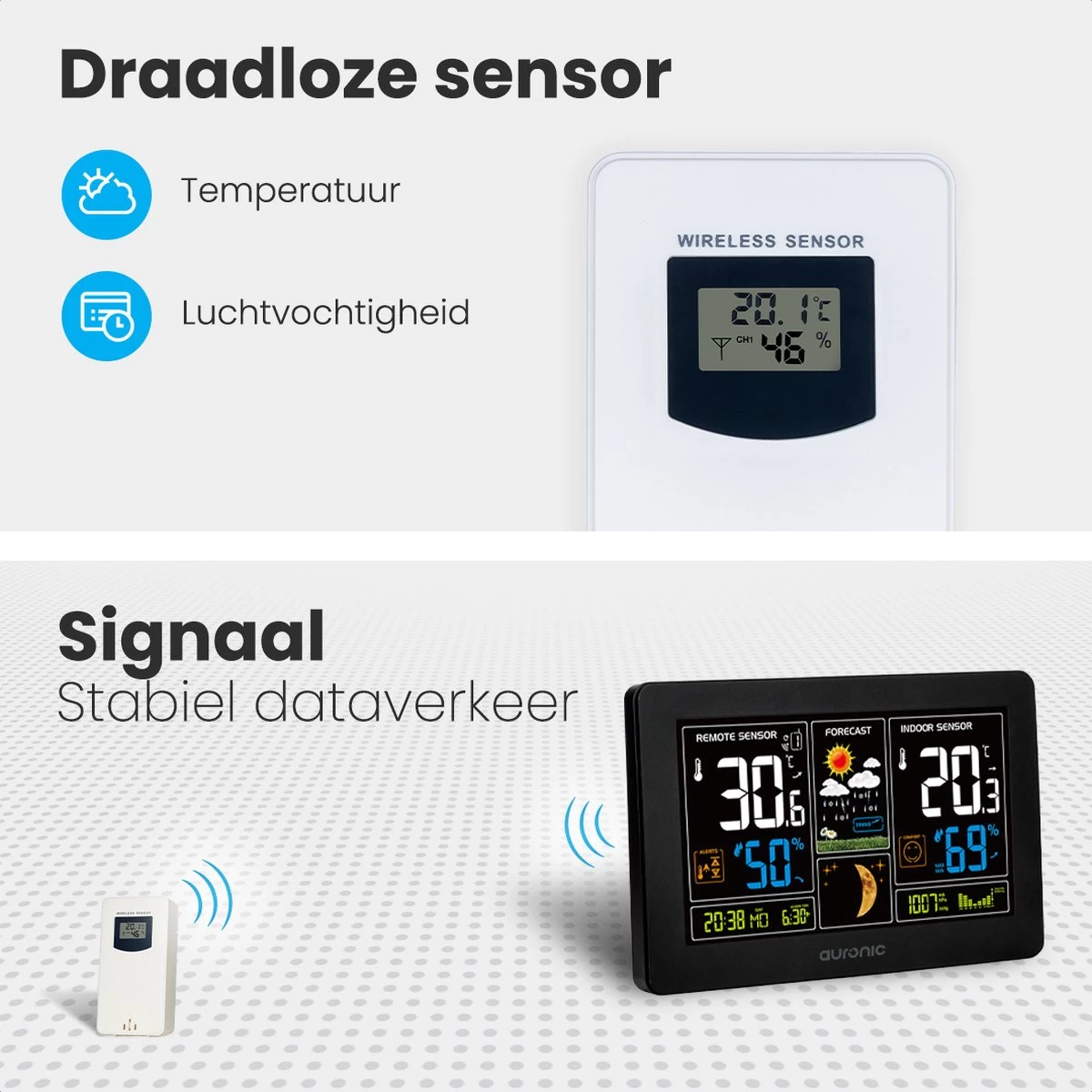 Auronic Weerstation - Draadloos - Binnen En Buiten - Met Sensor - 60M Bereik - Zwart 5 Auronic Weerstation - Draadloos - Binnen En Buiten - Met Sensor - 60M Bereik - Zwart - Afbeelding 3