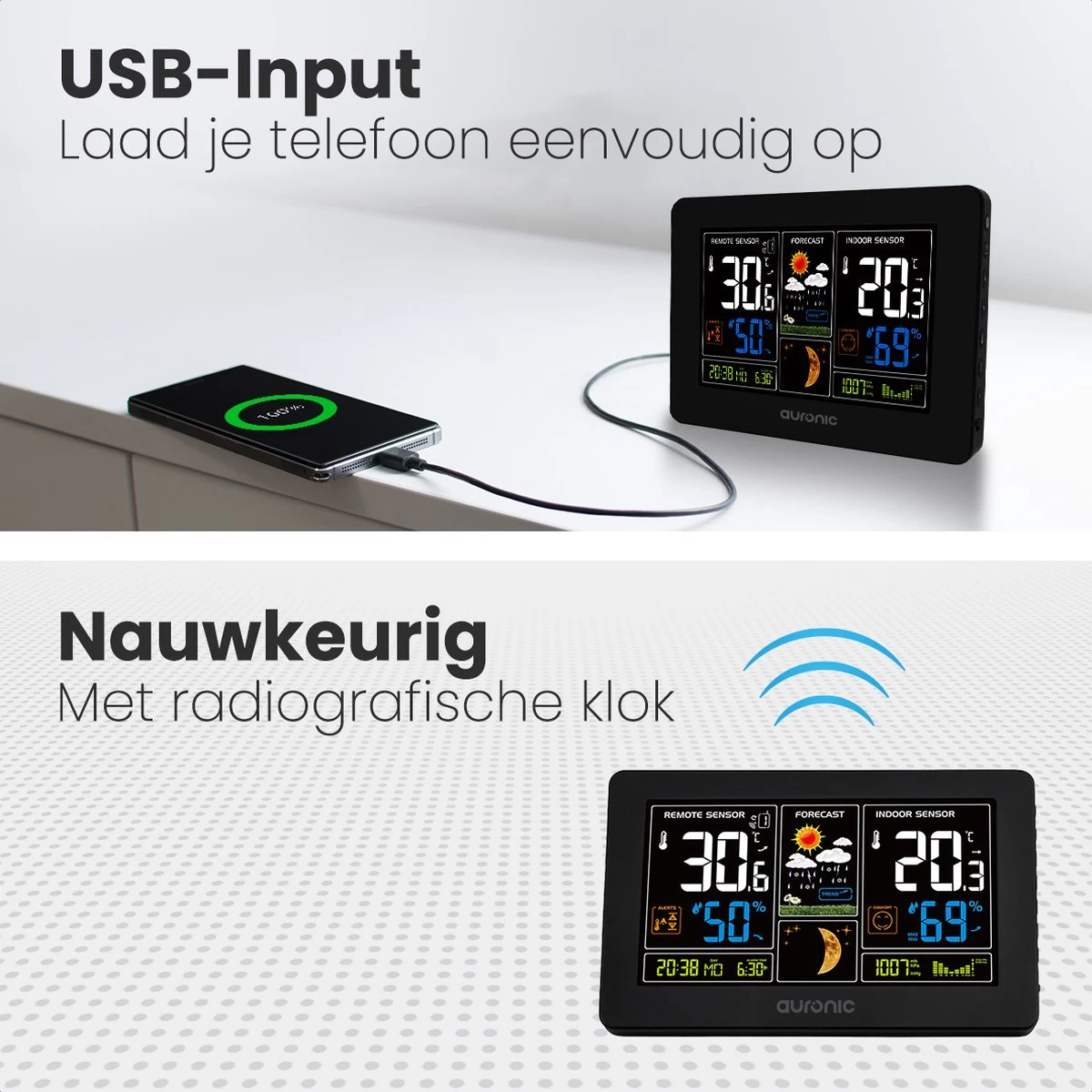 Auronic Weerstation - Draadloos - Binnen En Buiten - Met Sensor - 60M Bereik - Zwart 6 Auronic Weerstation - Draadloos - Binnen En Buiten - Met Sensor - 60M Bereik - Zwart - Afbeelding 4