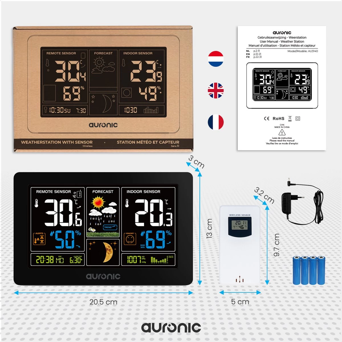 Auronic Weerstation - Draadloos - Binnen En Buiten - Met Sensor - 60M Bereik - Zwart 7 Auronic Weerstation - Draadloos - Binnen En Buiten - Met Sensor - 60M Bereik - Zwart - Afbeelding 5
