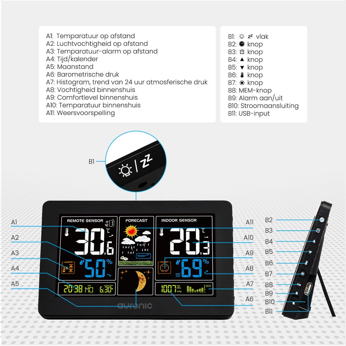 Auronic Weerstation - Draadloos - Binnen En Buiten - Met Sensor - 60M Bereik - Zwart 9 Auronic Weerstation - Draadloos - Binnen En Buiten - Met Sensor - 60M Bereik - Zwart - Afbeelding 7