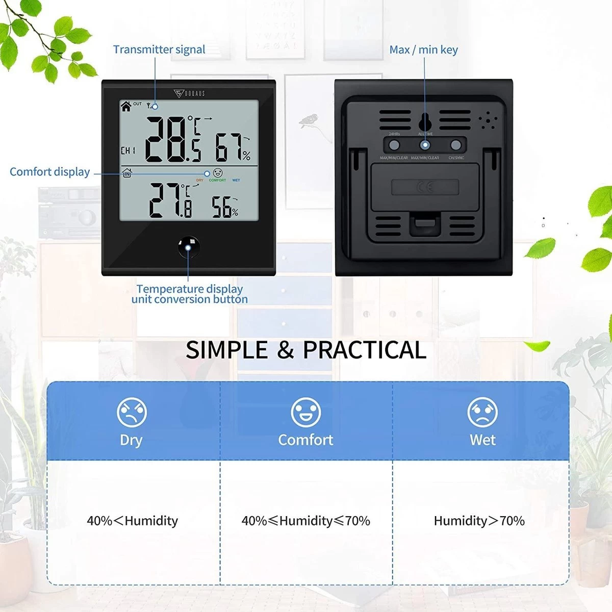 Thermometer Buiten - ZINAPS Digitale Thermometer Binnen Buiten Thermometer Hygrometer Met Outdoor Sensor Kamer Thermometer Wireless Met Groot LCD Display ℃ / ℉ Schakelaar Voor Kantoor, Thuis, Greenhouse, Room 6 Thermometer Buiten - ZINAPS Digitale Thermometer Binnen Buiten Thermometer Hygrometer Met Outdoor Sensor Kamer Thermometer Wireless Met Groot LCD Display ℃ / ℉ Schakelaar Voor Kantoor, Thuis, Greenhouse, Room - Afbeelding 4