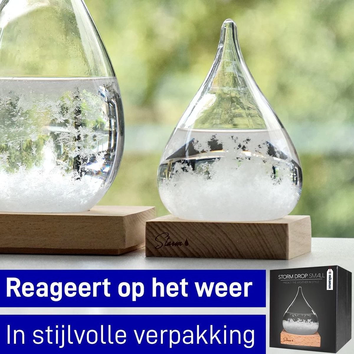 MikaMax Stormglas Small - Donderglas - Barometer - Weerglas - Weerstation - Weervoorspeller - Voorspelt Het Weer - Incl. Houten Standaard - ø 8 X 11 Cm 4 MikaMax Stormglas Small - Donderglas - Barometer - Weerglas - Weerstation - Weervoorspeller - Voorspelt Het Weer - Incl. Houten Standaard - ø 8 X 11 Cm - Afbeelding 2