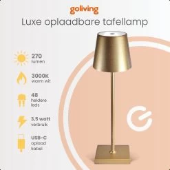 Goliving Tafellamp Op Batterijen - Oplaadbaar En Dimbaar - Moderne Touch Lamp Goud - Nachtlamp Draadloos - 38 CM -Philips Hue Winkel 1200x1200 3560