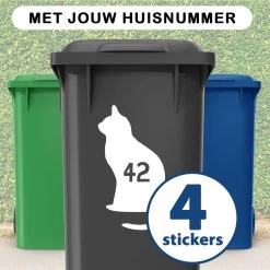 Container Stickers - Voordeelset 4 Stuks - 15x20 Cm - Container / Kliko Sticker Huisnummer - Afvalcontainer Sticker - Klikosticker - Wit- Kat Zittend
