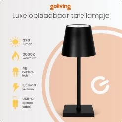Goliving Tafellamp Op Batterijen - Oplaadbaar En Dimbaar - Moderne Touch Lamp Zwart - Nachtlamp Draadloos - 26 CM -Philips Hue Winkel 1200x1200 3586