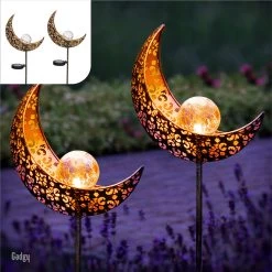 Gadgy Solar Maan Lamp Met Grondspies - Solar Tuinverlichting Set Van 2 St. - Tuinverlichting Op Zonneenergie Buiten - Led Buitenverlichting Met Sensor - Tuinfakkel 88 Cm Hoog - Tuinsteker - Brons - Metaal
