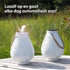 Gadgy Solar Lantaarn Mat Wit - Tafellamp Set Van 2 - Solar Tuinverlichting Op Zonneenergie - Led Buitenverlichting Met Dag/Nacht Sensor - Hanglamp - Tuinlantaarn - Metaal - 23 X Ø17.5CM