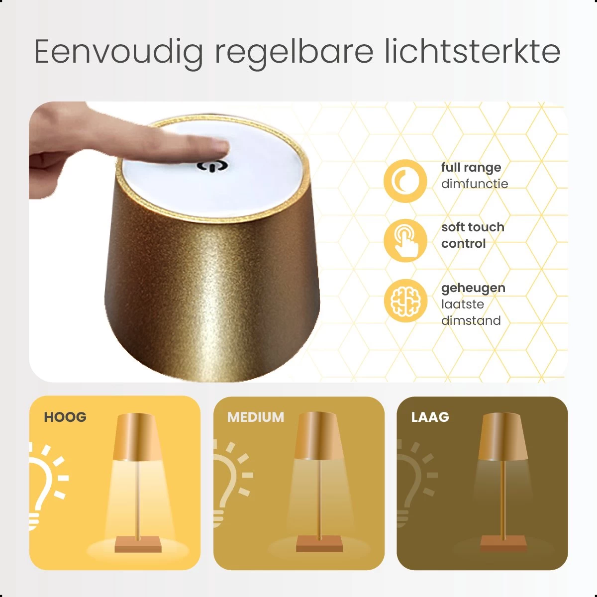 Goliving Tafellamp Op Batterijen - Oplaadbaar En Dimbaar - Moderne Touch Lamp Goud - Nachtlamp Draadloos - 26 CM 11 Goliving Tafellamp Op Batterijen - Oplaadbaar En Dimbaar - Moderne Touch Lamp Goud - Nachtlamp Draadloos - 26 CM - Afbeelding 9