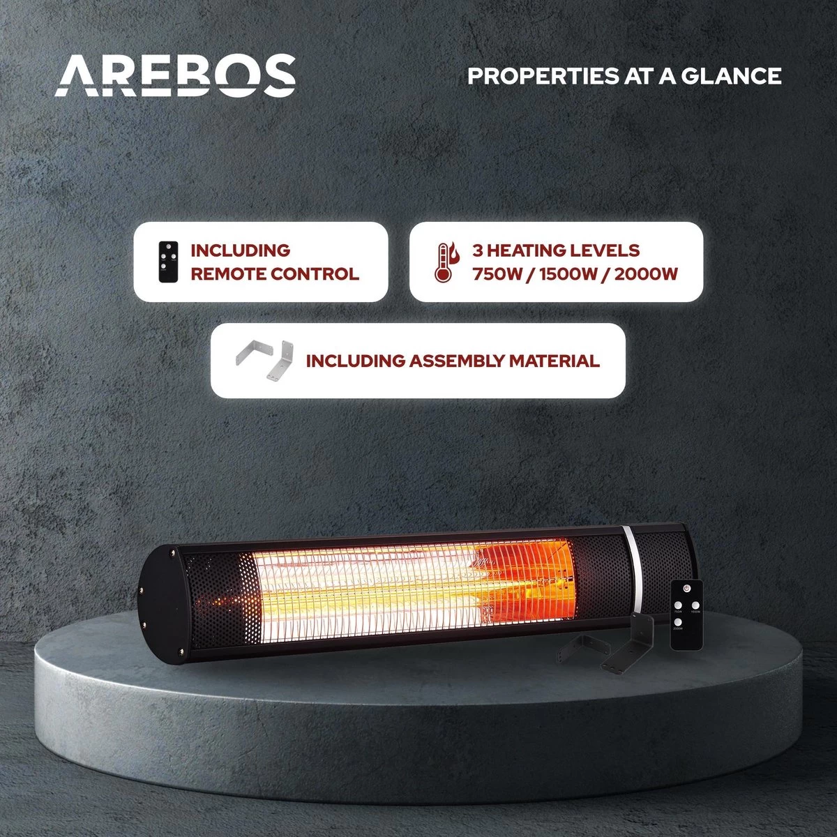 AREBOS Infrarood Heater - 2000W - 3 Warmteniveaus - Terrasverwarmer Elektrisch - Binnen En Buiten Gebruik - Zwart 7 AREBOS Infrarood Heater - 2000W - 3 Warmteniveaus - Terrasverwarmer Elektrisch - Binnen En Buiten Gebruik - Zwart - Afbeelding 5