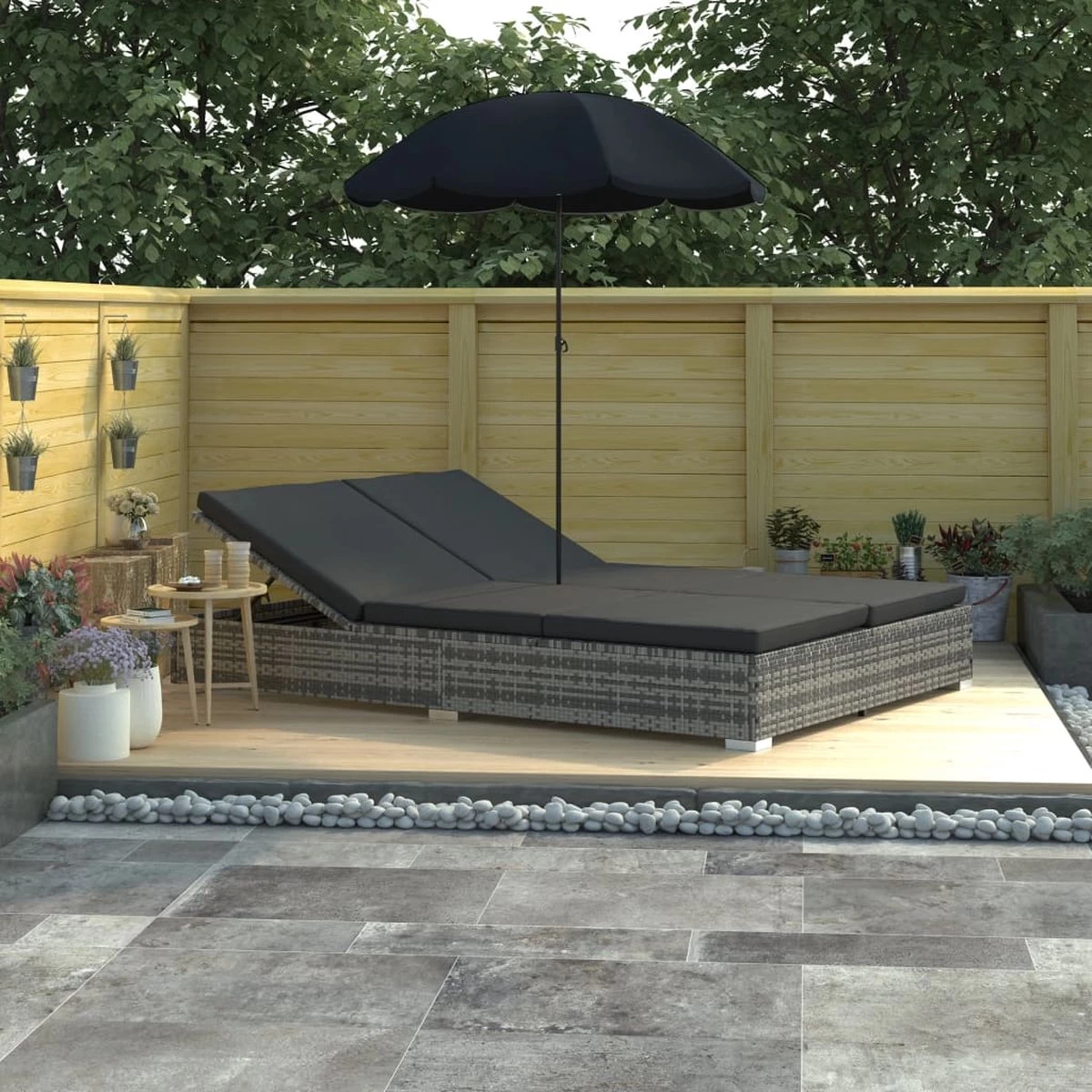 Prolenta Premium - Loungebed Met Parasol Poly Rattan Grijs 3 Prolenta Premium - Loungebed Met Parasol Poly Rattan Grijs