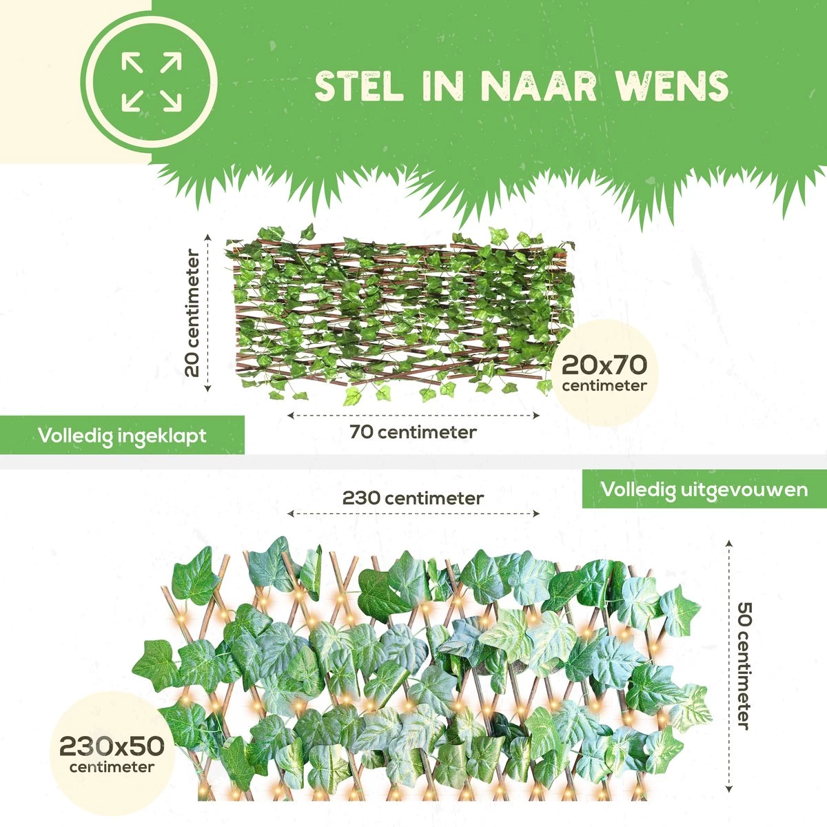 Hedera Kunsthaag Met LED Verlichting- Uitschuifbaar Tot 2.30m - Voor Binnen En Buiten - Tuinscherm - Kamer Decoratie Voor Huis En Tuin 5 Hedera Kunsthaag Met LED Verlichting- Uitschuifbaar Tot 2.30m - Voor Binnen En Buiten - Tuinscherm - Kamer Decoratie Voor Huis En Tuin - Afbeelding 3