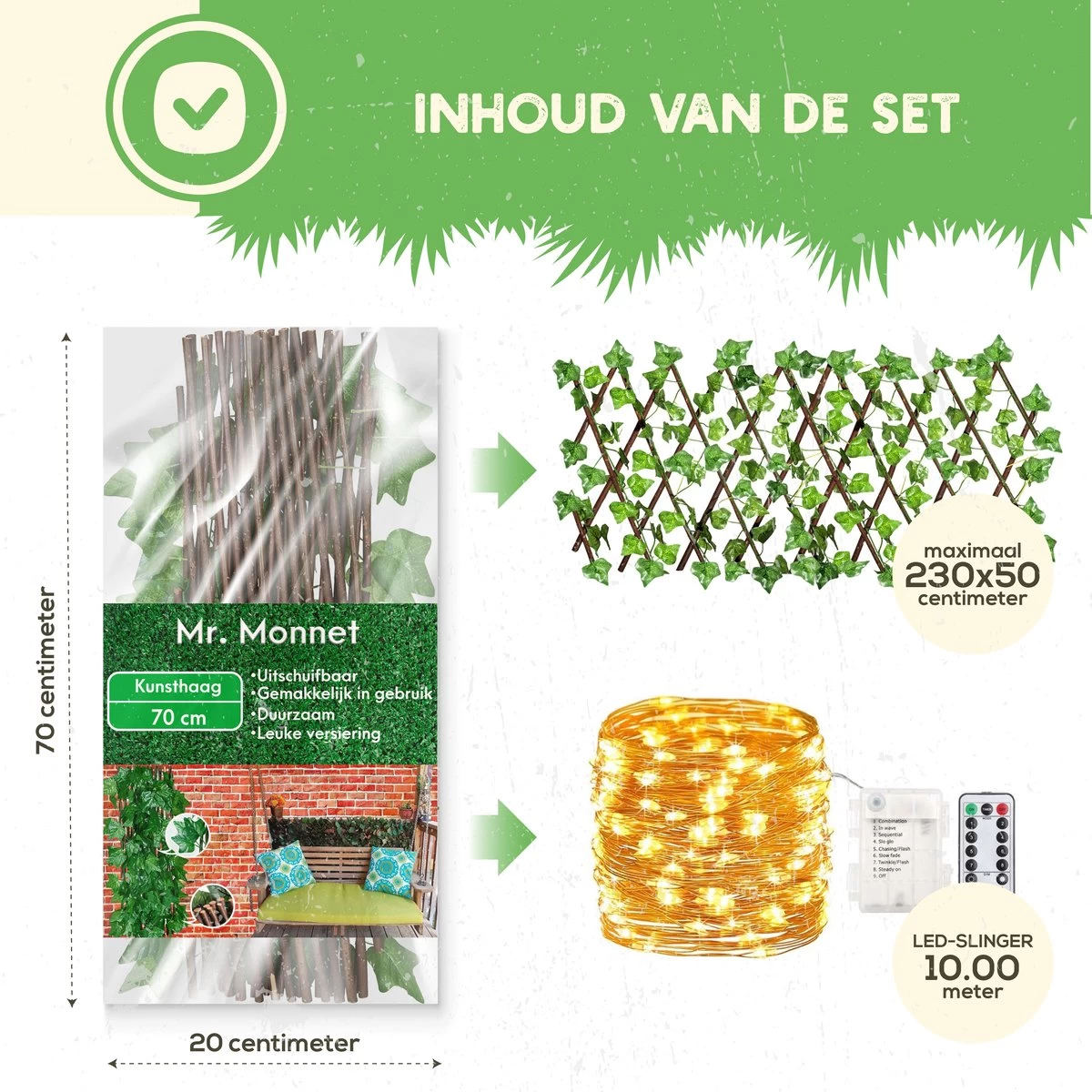 Hedera Kunsthaag Met LED Verlichting- Uitschuifbaar Tot 2.30m - Voor Binnen En Buiten - Tuinscherm - Kamer Decoratie Voor Huis En Tuin 6 Hedera Kunsthaag Met LED Verlichting- Uitschuifbaar Tot 2.30m - Voor Binnen En Buiten - Tuinscherm - Kamer Decoratie Voor Huis En Tuin - Afbeelding 4