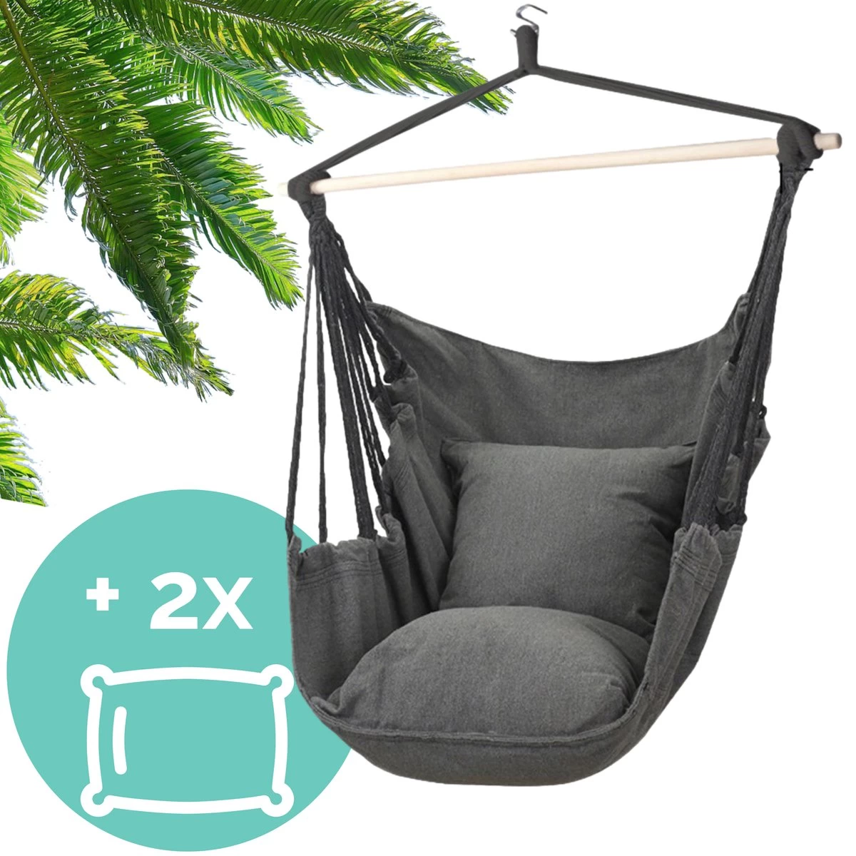 Hangmat Stoel - Hangstoel Voor Binnen Of Buiten - Incl. 2 Kussens - Zwart/Grijs Antraciet 3 Hangmat Stoel - Hangstoel Voor Binnen Of Buiten - Incl. 2 Kussens - Zwart/Grijs Antraciet