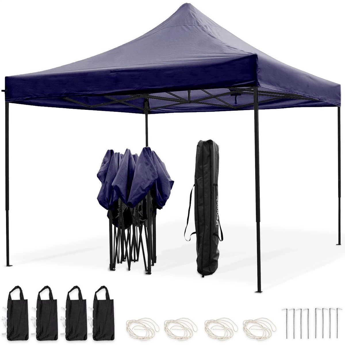 LifeGoods Partytent - 3x3 M - Easy Up - Opvouwbaar - Waterdicht - Draagtas Met Wieltjes - Donkerblauw 3 LifeGoods Partytent - 3x3 M - Easy Up - Opvouwbaar - Waterdicht - Draagtas Met Wieltjes - Donkerblauw