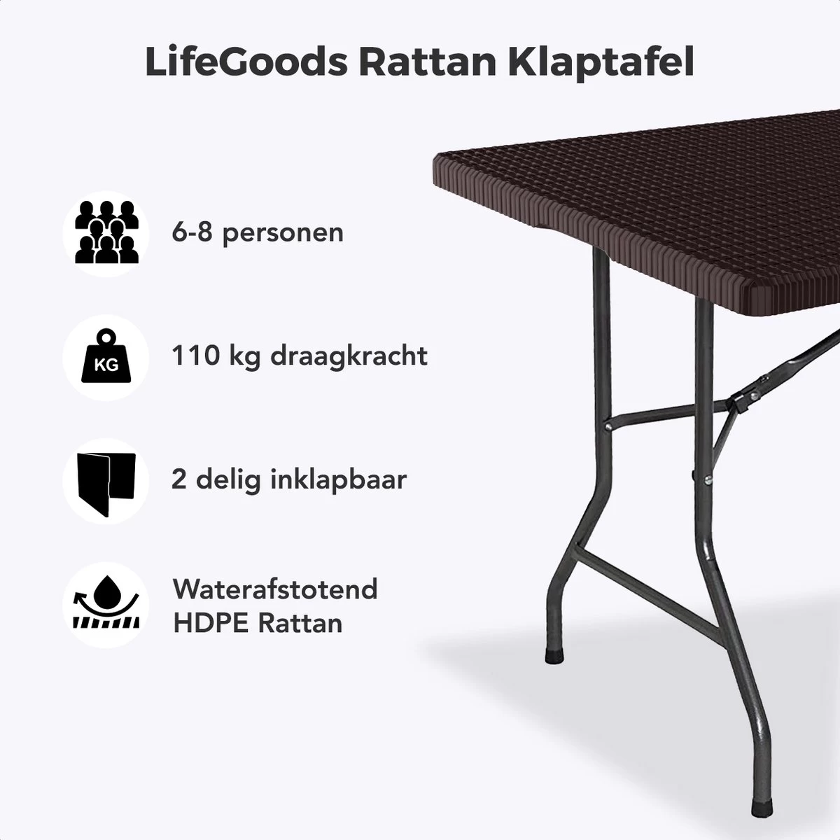 LifeGoods Klaptafel - Inklapbaar - 180 Cm - 6 Tot 8 Personen - Bruin 4 LifeGoods Klaptafel - Inklapbaar - 180 Cm - 6 Tot 8 Personen - Bruin - Afbeelding 2