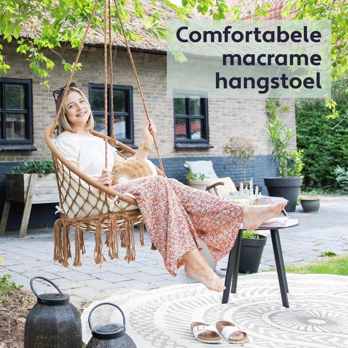 Vita5 Macramé Hangstoel - Voor Binnen En Buiten - Zonder Standaard - Incl. Kussen, Boekenvak En Beschermhoes - Tot 150kg - Bruin/Beige 4 Vita5 Macramé Hangstoel - Voor Binnen En Buiten - Zonder Standaard - Incl. Kussen, Boekenvak En Beschermhoes - Tot 150kg - Bruin/Beige - Afbeelding 2