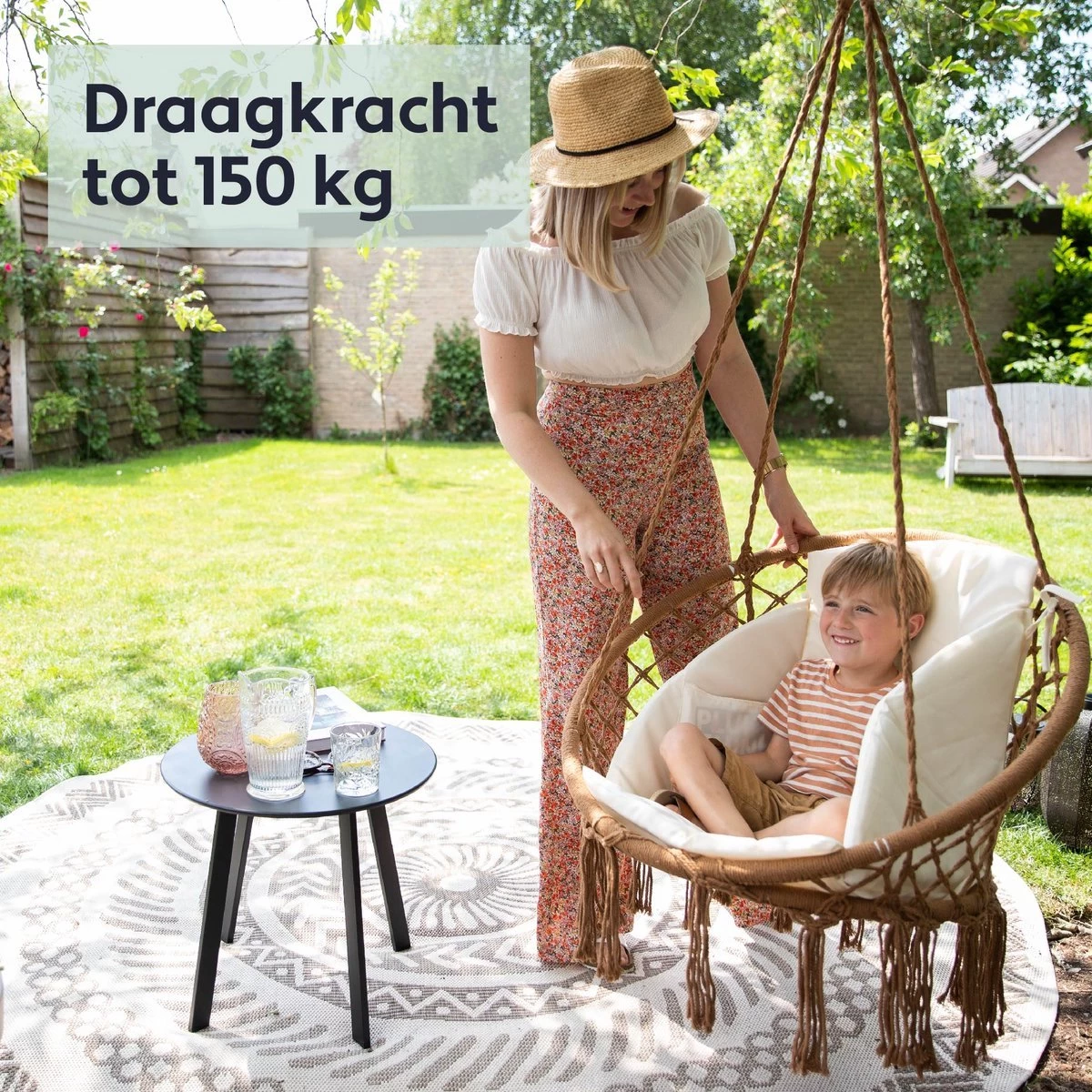 Vita5 Macramé Hangstoel - Voor Binnen En Buiten - Zonder Standaard - Incl. Kussen, Boekenvak En Beschermhoes - Tot 150kg - Bruin/Beige 7 Vita5 Macramé Hangstoel - Voor Binnen En Buiten - Zonder Standaard - Incl. Kussen, Boekenvak En Beschermhoes - Tot 150kg - Bruin/Beige - Afbeelding 5