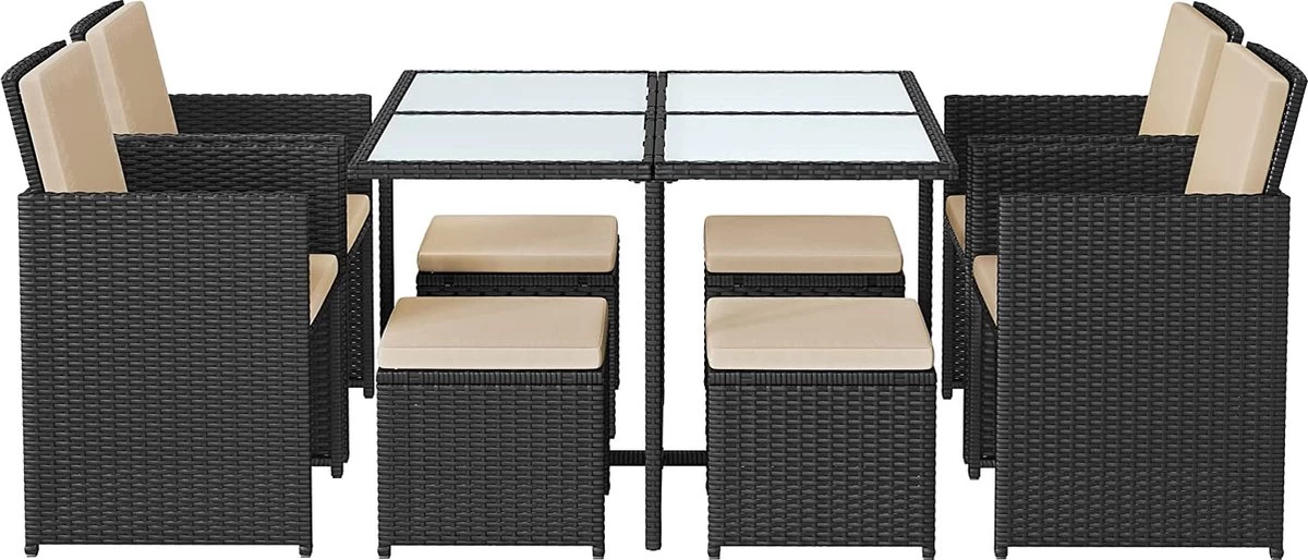 Tuinmeubelset - Tuinset 4 6 8 Persoons - Eettafel En Stoelen - Set Van 9 - Terras - Tuintafel - Salontafel Met Glazen Oppervlak - Zwart Beige 3 Tuinmeubelset - Tuinset 4 6 8 Persoons - Eettafel En Stoelen - Set Van 9 - Terras - Tuintafel - Salontafel Met Glazen Oppervlak - Zwart Beige