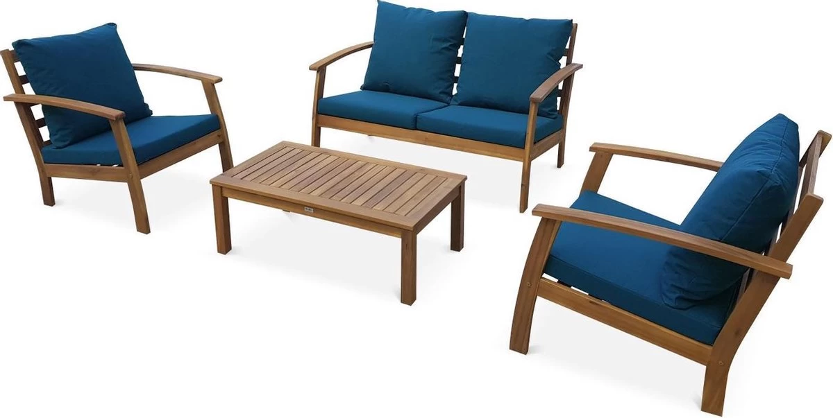 Houten Loungeset 4 Plaatsen - Ushuaïa - Donker Turquoise Kussens, Bank, Fauteuils En Lage Tafel Van Acacia, Design 5 Houten Loungeset 4 Plaatsen - Ushuaïa - Donker Turquoise Kussens, Bank, Fauteuils En Lage Tafel Van Acacia, Design - Afbeelding 3