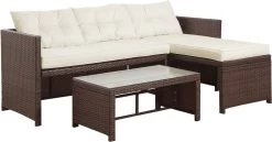 Teamson Home 3-Delig Hoek Loungeset - Tuinmeubelen - Tuinbank - Omvat Tafel En Kussens - Rotan - Bruin/Wit