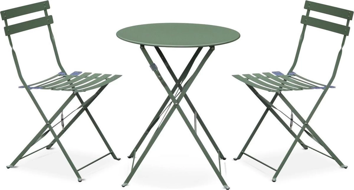EMILIA Bistroset - 2 Inklapbare Stoelen En Een Ronde Tafel Van Gepoedercoat Staal Met Matte Afwerking – Groengrijs 3 EMILIA Bistroset - 2 Inklapbare Stoelen En Een Ronde Tafel Van Gepoedercoat Staal Met Matte Afwerking – Groengrijs