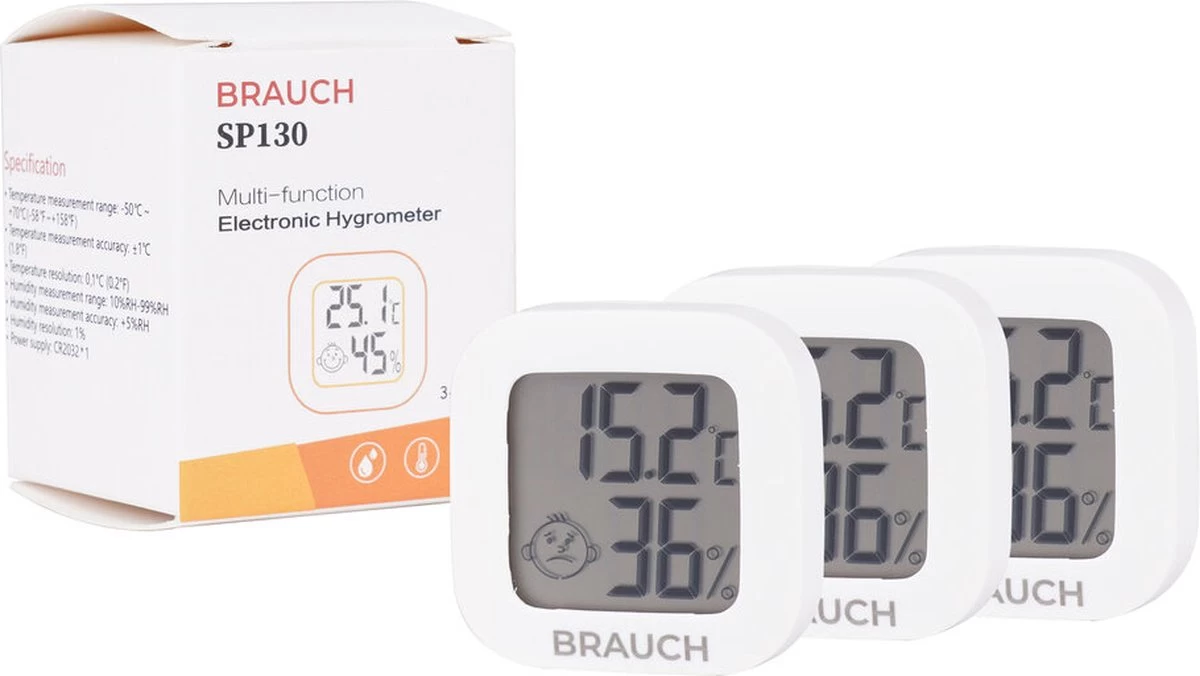 Brauch SP130 Digitale Thermometer + Hygrometer Binnen En Buiten – , Voor Slaapkamer, Badkamer, Woonkamer - 3 Stuks 3 Brauch SP130 Digitale Thermometer + Hygrometer Binnen En Buiten – , Voor Slaapkamer, Badkamer, Woonkamer - 3 Stuks