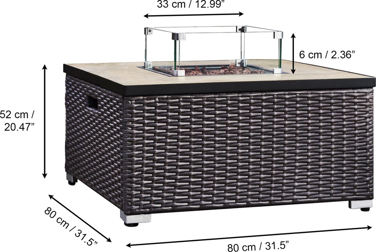 Teamson Home Vierkant Propaan Gas Vuurtafel - Vuurkorf Buiten - Geen Rook - Terrashaard - Rotan/Metaal - Met Windscherm, Lavastenen & Omslag 6 Teamson Home Vierkant Propaan Gas Vuurtafel - Vuurkorf Buiten - Geen Rook - Terrashaard - Rotan/Metaal - Met Windscherm, Lavastenen & Omslag - Afbeelding 4
