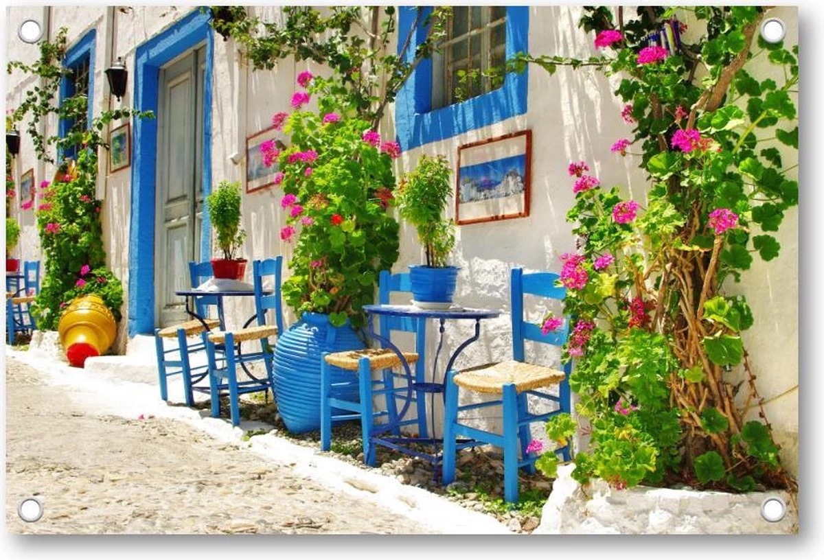 Traditioneel Griekenland - Taverna's Op Straat - Tuinposter 120x80 - Wanddecoratie - Bloemen 3 Traditioneel Griekenland - Taverna's Op Straat - Tuinposter 120x80 - Wanddecoratie - Bloemen