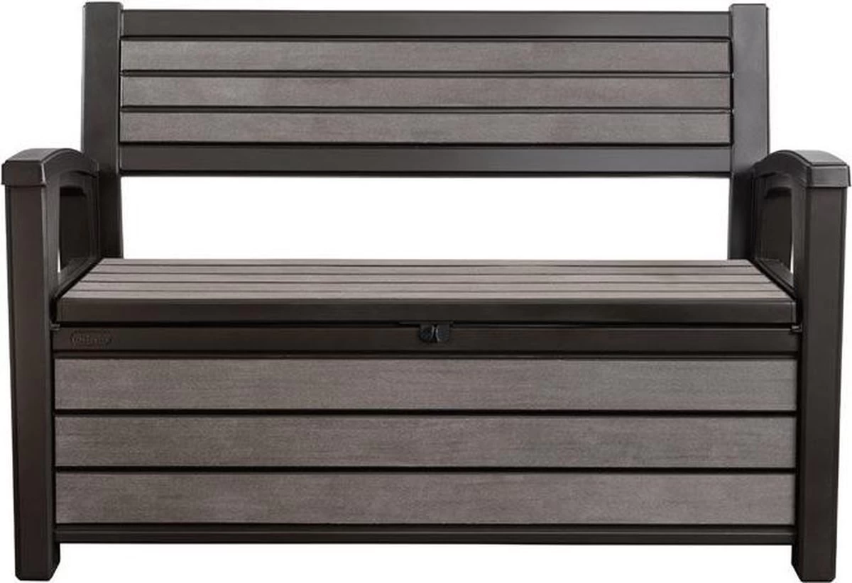 Keter - Hudson Bench Box - 2-zits Bank - Opbergbox - Hout Look & Feel - 227L - 138x63x89cm - Antraciet 12 Keter - Hudson Bench Box - 2-zits Bank - Opbergbox - Hout Look & Feel - 227L - 138x63x89cm - Antraciet - Afbeelding 10
